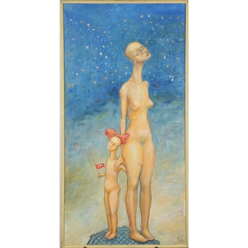 2264 - Two surreal nude mother and child, Russian school oil on canvas, bearing a monogram and dated 2006, ... 