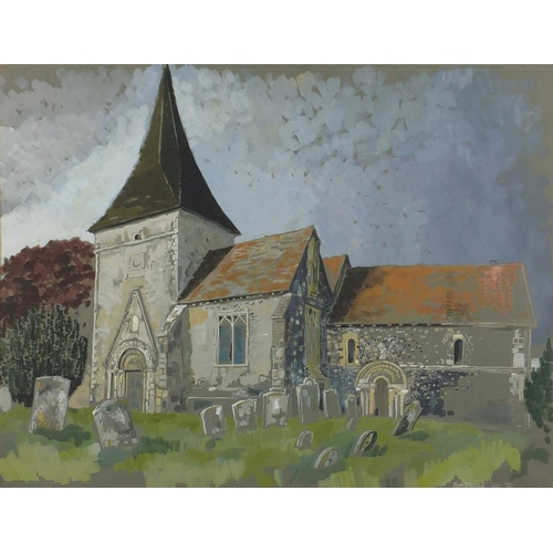 2376 - Manner of John Piper - Patrixbourne church, watercolour, inscribed verso, mounted and framed, 62cm x... 