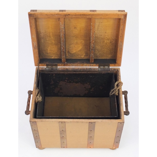 107 - Brass bound light oak coal scuttle with carry handles, 33cm D x 40cm W x 28cm D