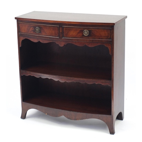 18 - Inlaid mahogany bow front open bookcase with two frieze drawers, 88cm H x 84cm W x 37cm D