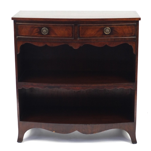 18 - Inlaid mahogany bow front open bookcase with two frieze drawers, 88cm H x 84cm W x 37cm D