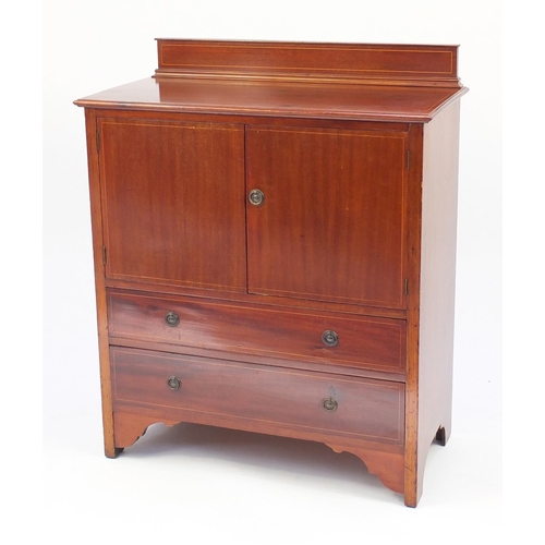 12 - Inlaid mahogany side cabinet with a pair of cupboard doors above two drawers, 110cm H x 91cm W x 46c... 