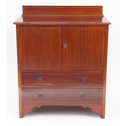 12 - Inlaid mahogany side cabinet with a pair of cupboard doors above two drawers, 110cm H x 91cm W x 46c... 