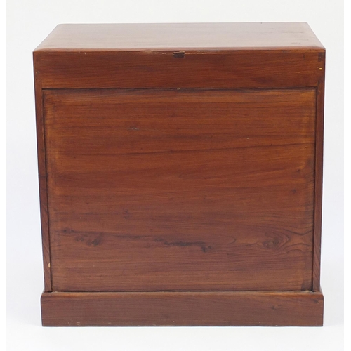 53 - Chinese hardwood side cabinet with brass carry handles, 78cm H x 76cm W x 48cm D