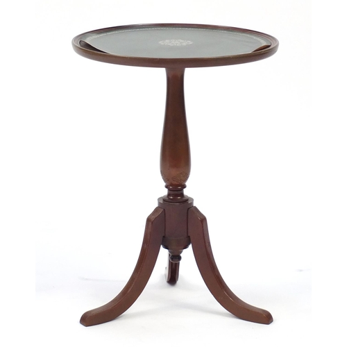 95 - Simulated mahogany tripod wine table with leather top