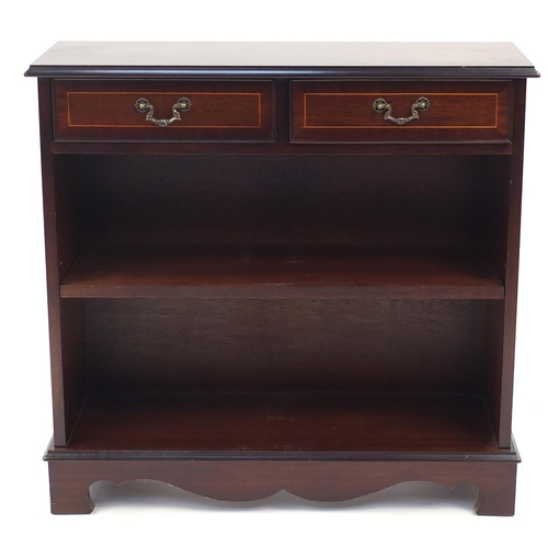 70 - Reproduction inlaid mahogany bookcase, with two frieze drawers above a shelf, 73cm H x 75cm W x 26cm... 