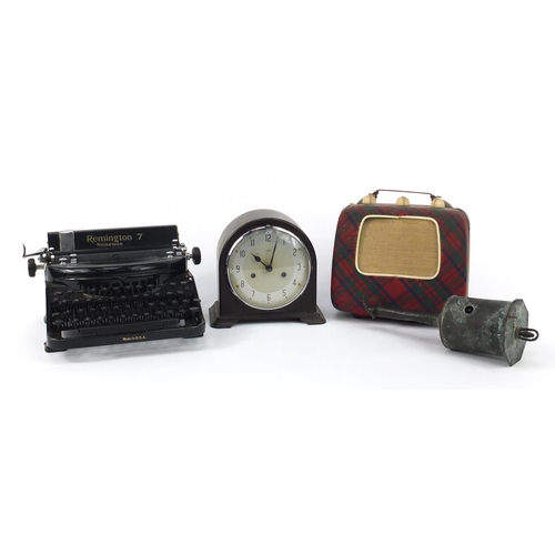 269 - Sundry items including an Invicta tartan radio, Enfield mantel clock and Remington typewriter