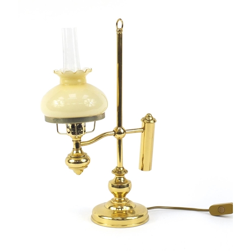 214 - Adjustable brass desk lamp with glass shade and flume, 45cm high