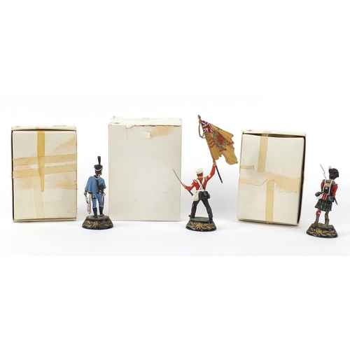 428 - Three hand painted pewter Charles Stadden Military figures with boxes, each approximately 10cm high