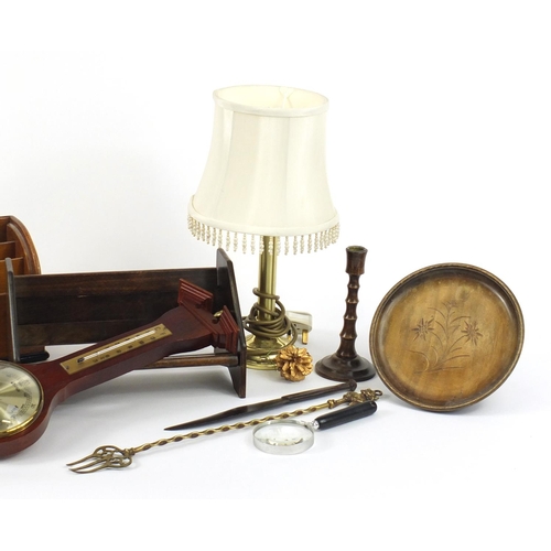 265 - Wooden and metalwares including a gilt framed mirror, letter racks, brass table lamp and a barometer