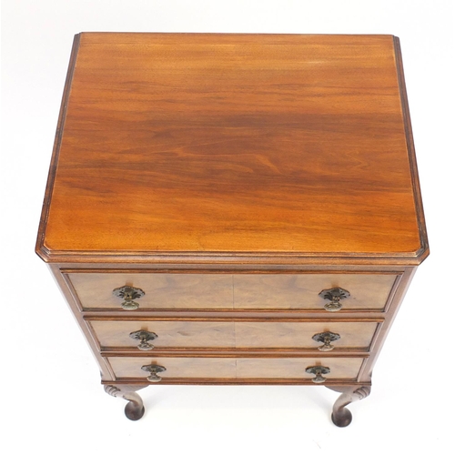 2042 - Walnut three drawer chest on shell carved cabriole legs, 83cm H x 51cm W x 41cm D