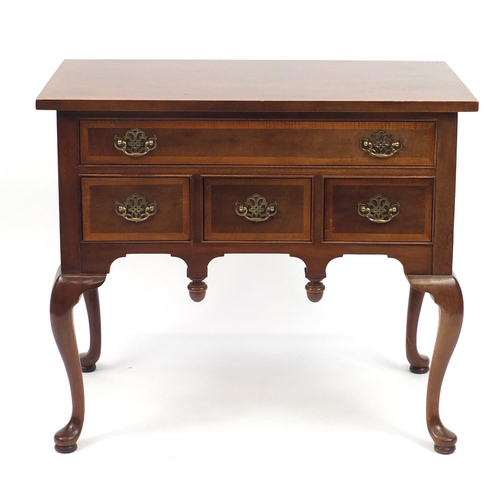 2006 - Reproduction mahogany low boy with inlaid top, above and arrangement of drawers, 77cm H x 89cm W x 4... 