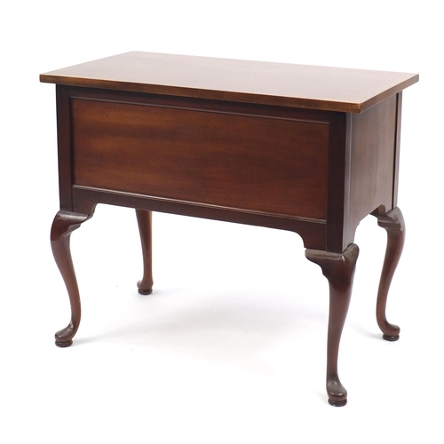 2006 - Reproduction mahogany low boy with inlaid top, above and arrangement of drawers, 77cm H x 89cm W x 4... 
