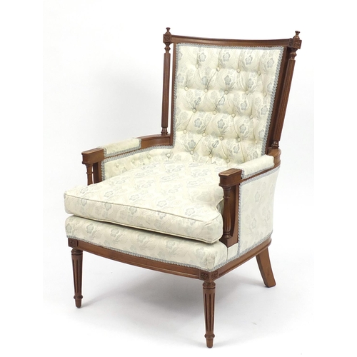 2025 - American walnut framed button back chair with cushion seat, with light blue upholstery