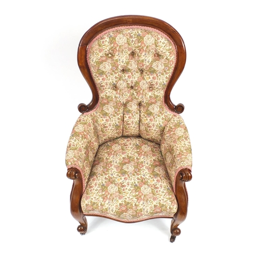 2009 - Victorian mahogany framed spoon back fireside chair, with pink floral upholstery