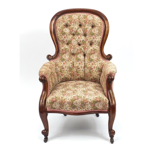 2008 - Victorian mahogany framed spoon back fireside chair, with pink floral upholstery