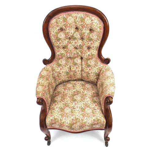 2008 - Victorian mahogany framed spoon back fireside chair, with pink floral upholstery