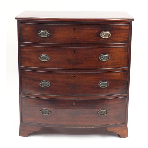 2031 - Georgian mahogany bow front four drawer chest with bracket feet, 99cm H x 91cm W x 55cm D