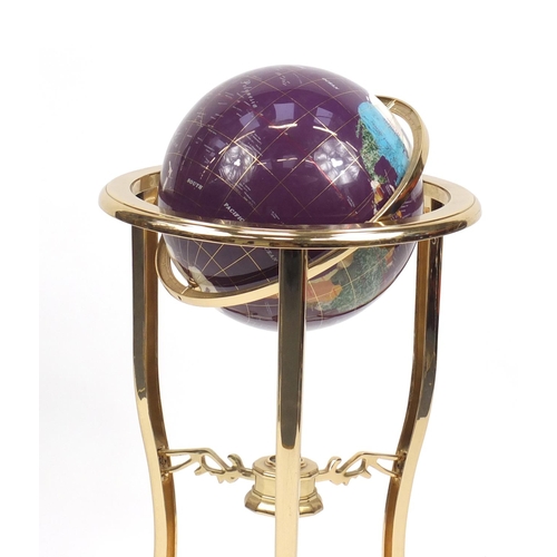 2023 - Gemstone floor standing globe with compass under tier, approximately 90cm high