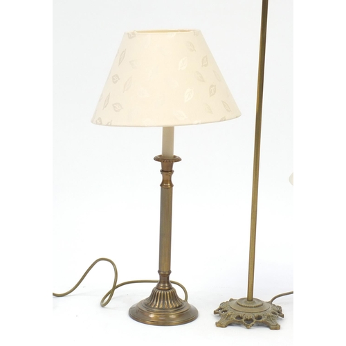 128 - Brass standard lamp and two table lamps with shades