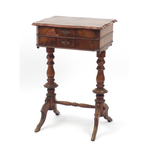 10 - Victorian walnut quarter veneered sewing table with fitted interior, 77cm H x 49cm W x 42cm D