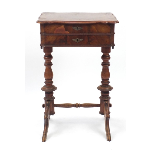 10 - Victorian walnut quarter veneered sewing table with fitted interior, 77cm H x 49cm W x 42cm D