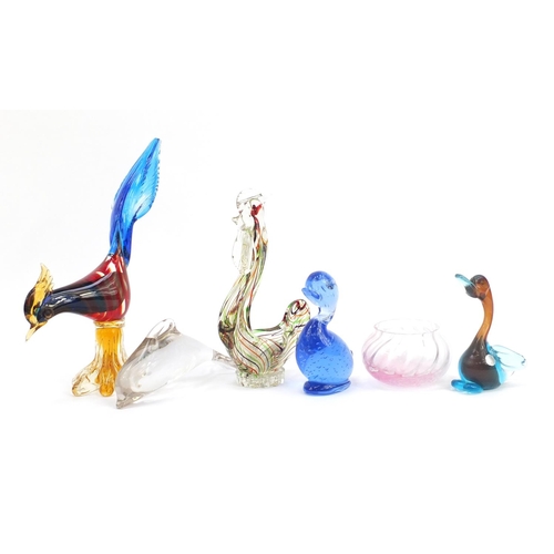 500 - Five glass animals and a bowl including Murano, the largest 30cm high