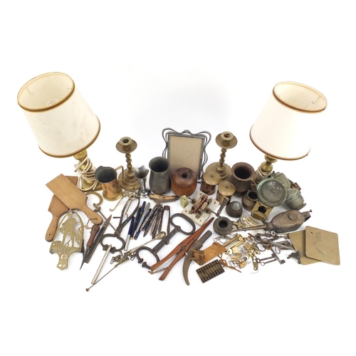 609 - Metalwares including Victorian and later  brass candlesticks, lamps, vintage lantern and trench art