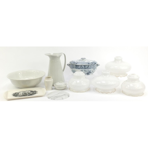 630 - China and glassware including Victorian wash set, glass light shades and a Wedgwood sandwich plate