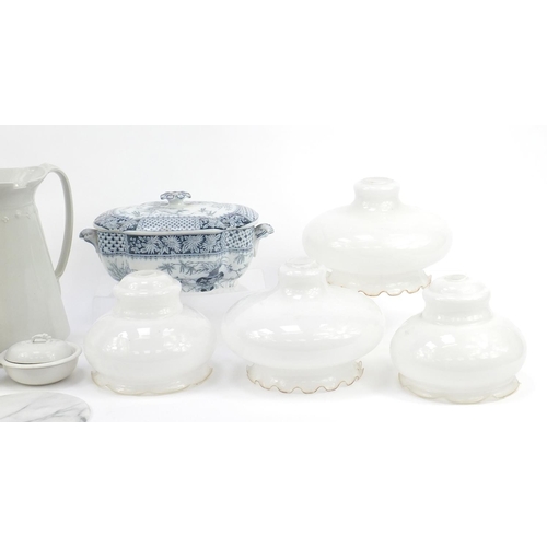 630 - China and glassware including Victorian wash set, glass light shades and a Wedgwood sandwich plate