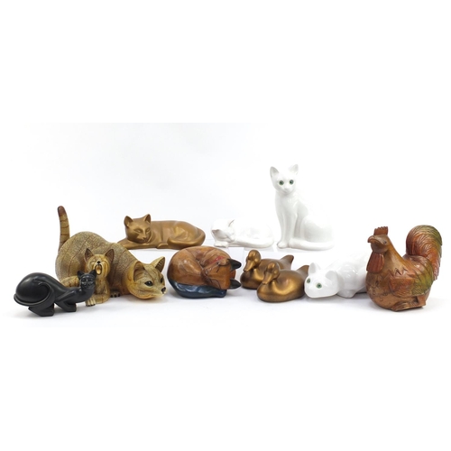 616 - Group of decorative cats and birds including pottery, ceramic and wooden