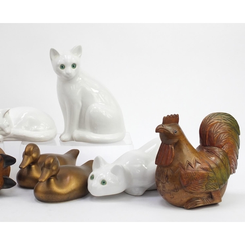 616 - Group of decorative cats and birds including pottery, ceramic and wooden