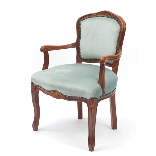83 - Mahogany open arm occasional chair with green upholstery, 84cm high