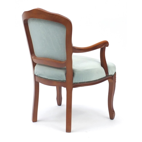 83 - Mahogany open arm occasional chair with green upholstery, 84cm high