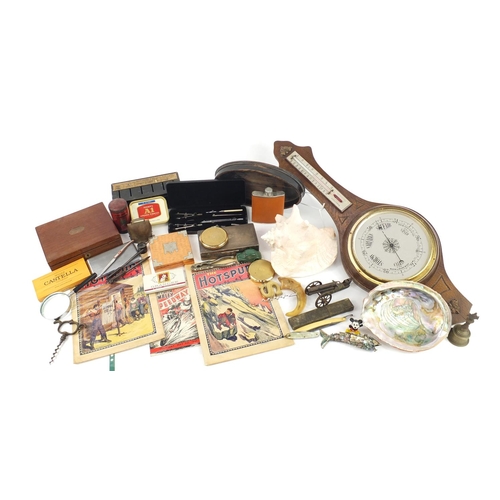 258 - Sundry items including silver plated cigarette boxes, an oak barometer, seashells, abalone articulat... 