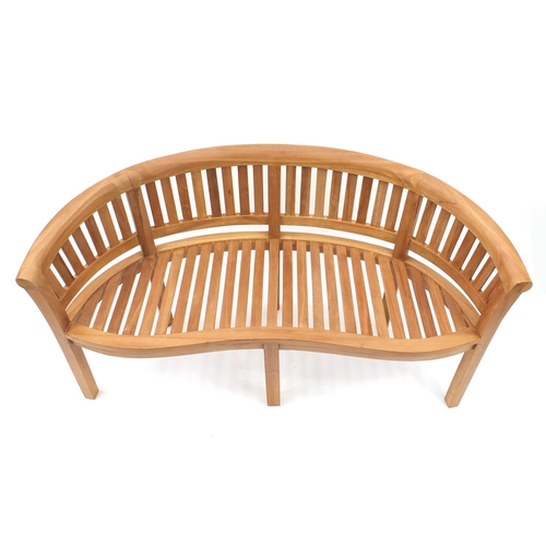 2045 - Curved teak garden bench with slatted back and seat, 160cm wide