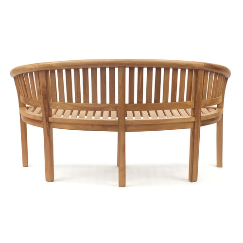 2045 - Curved teak garden bench with slatted back and seat, 160cm wide