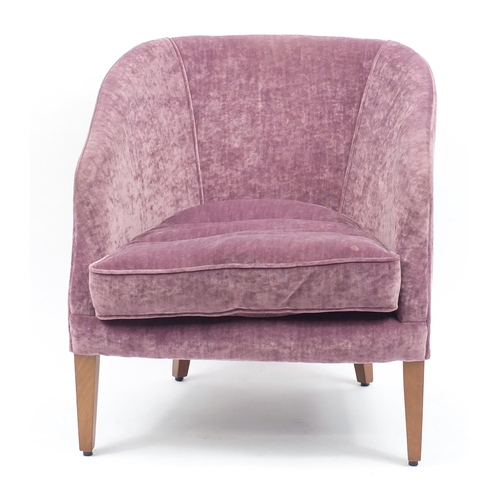 2040 - Contemporary mahogany framed tub chair with purple upholstery raised on square tapering feet, 78cm h... 