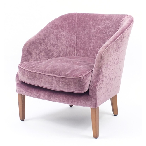 2041 - Contemporary mahogany framed tub chair with purple upholstery raised on square tapering feet, 78cm h... 