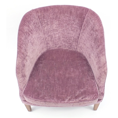 2041 - Contemporary mahogany framed tub chair with purple upholstery raised on square tapering feet, 78cm h... 
