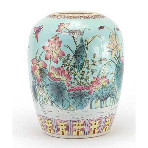 160 - Chinese porcelain jar, hand painted with birds and insects amongst flowers, 28cm high