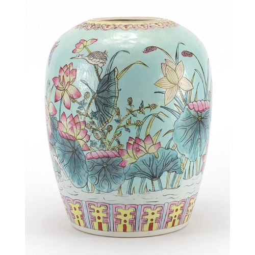 160 - Chinese porcelain jar, hand painted with birds and insects amongst flowers, 28cm high