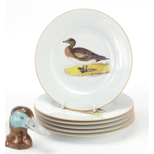 504 - Set of six Limoges Philippe Deshoulieres, porcelain duck plates with stand