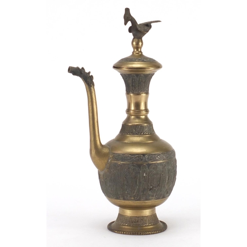 239 - Middle Eastern bronze ewer with bird of paradise knop, 32cm high