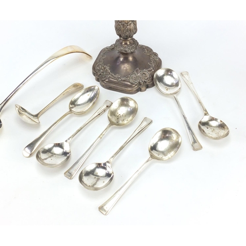 218 - Silver plated candlestick, spoons and ladle