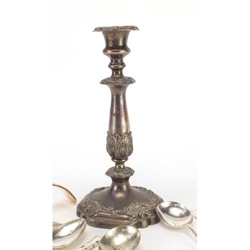 218 - Silver plated candlestick, spoons and ladle