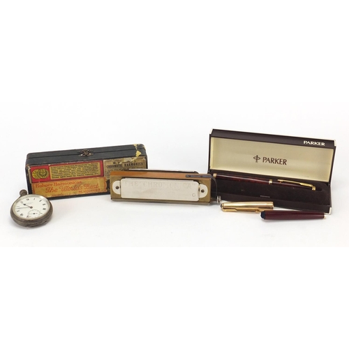 398 - Objects including a gentleman's silver J W Benson pocket watch and a Parker fountain pen with 14ct g... 