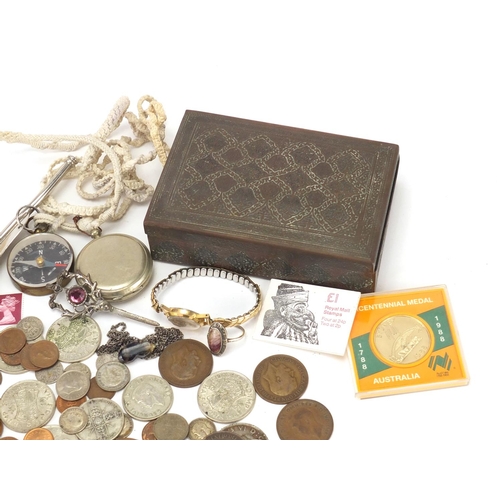 383 - Objects including a bosun's whistle, British pre decimal coins, ladies wristwatch, Blue John ring an... 