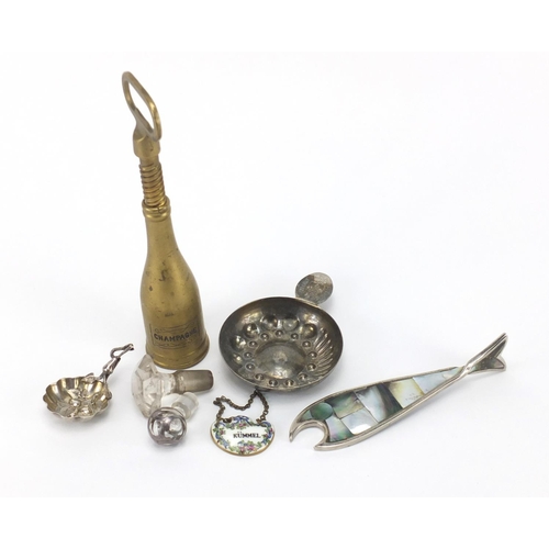 419 - Objects including champagne bottle opener, unmarked naturalistic silver spoon, glass stoppers and a ... 