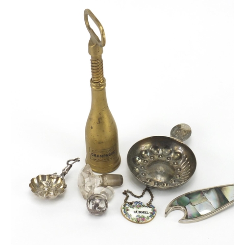 419 - Objects including champagne bottle opener, unmarked naturalistic silver spoon, glass stoppers and a ... 